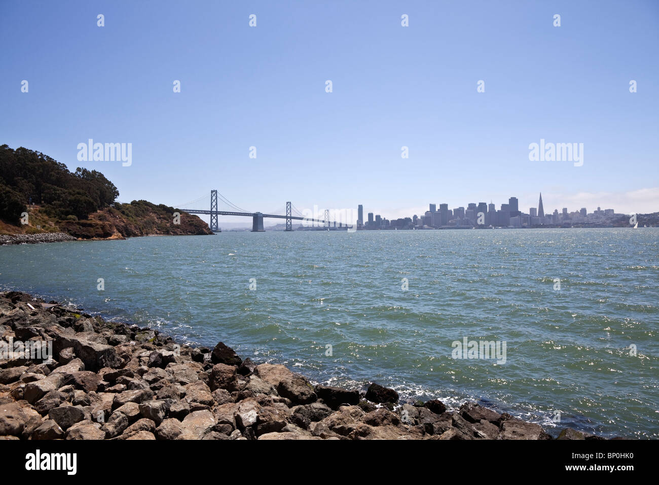 San Francisco and the Bay Bridge viewed from Treasure Island. Stock Photo