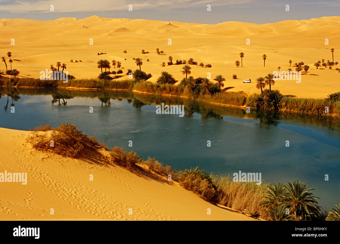 Libya, Fezzan, Edeyen Ubari, nr Ubari. The Dawada (aka Ramla) Lakes comprise several oasis pools such as Um al Ma Stock Photo