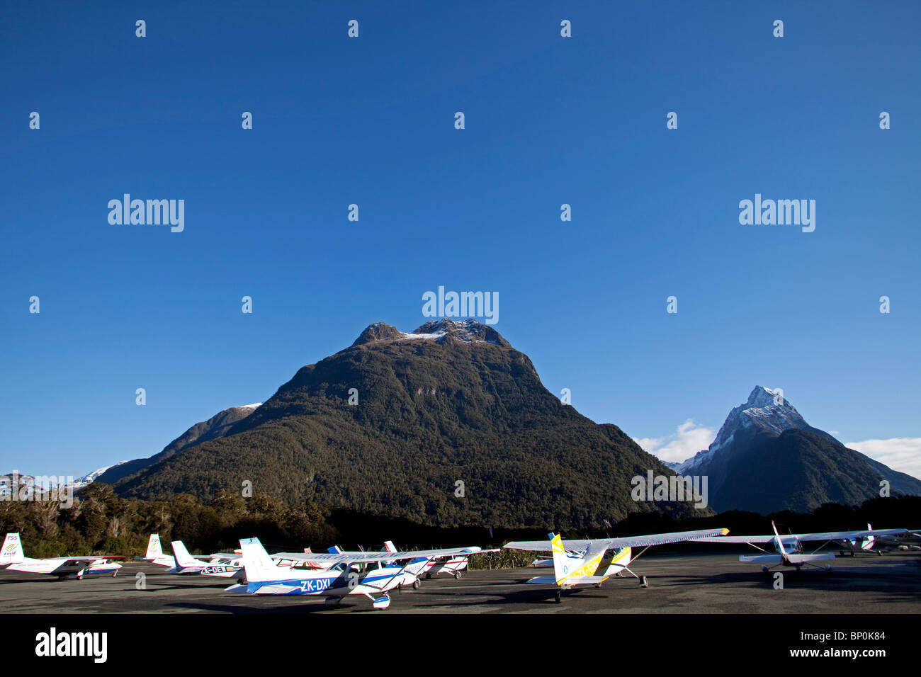 New Zealand, South Island, Milford Sound. Light aircraft parked on the apron on the remote Milford Sound airport. Stock Photo
