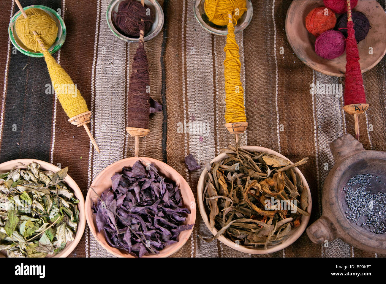 Peru. The raw materials traditionally used by Peruvian Indians to dye wool in subtle colours. Stock Photo
