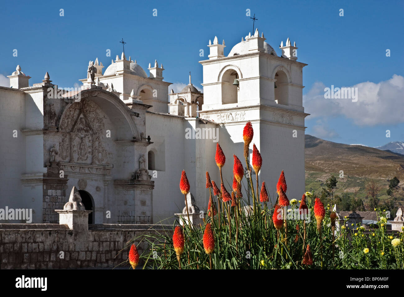 Peru, An attractive C18th church dominates the main square of Yanque, a small rural village in the Colca Canyon. Stock Photo