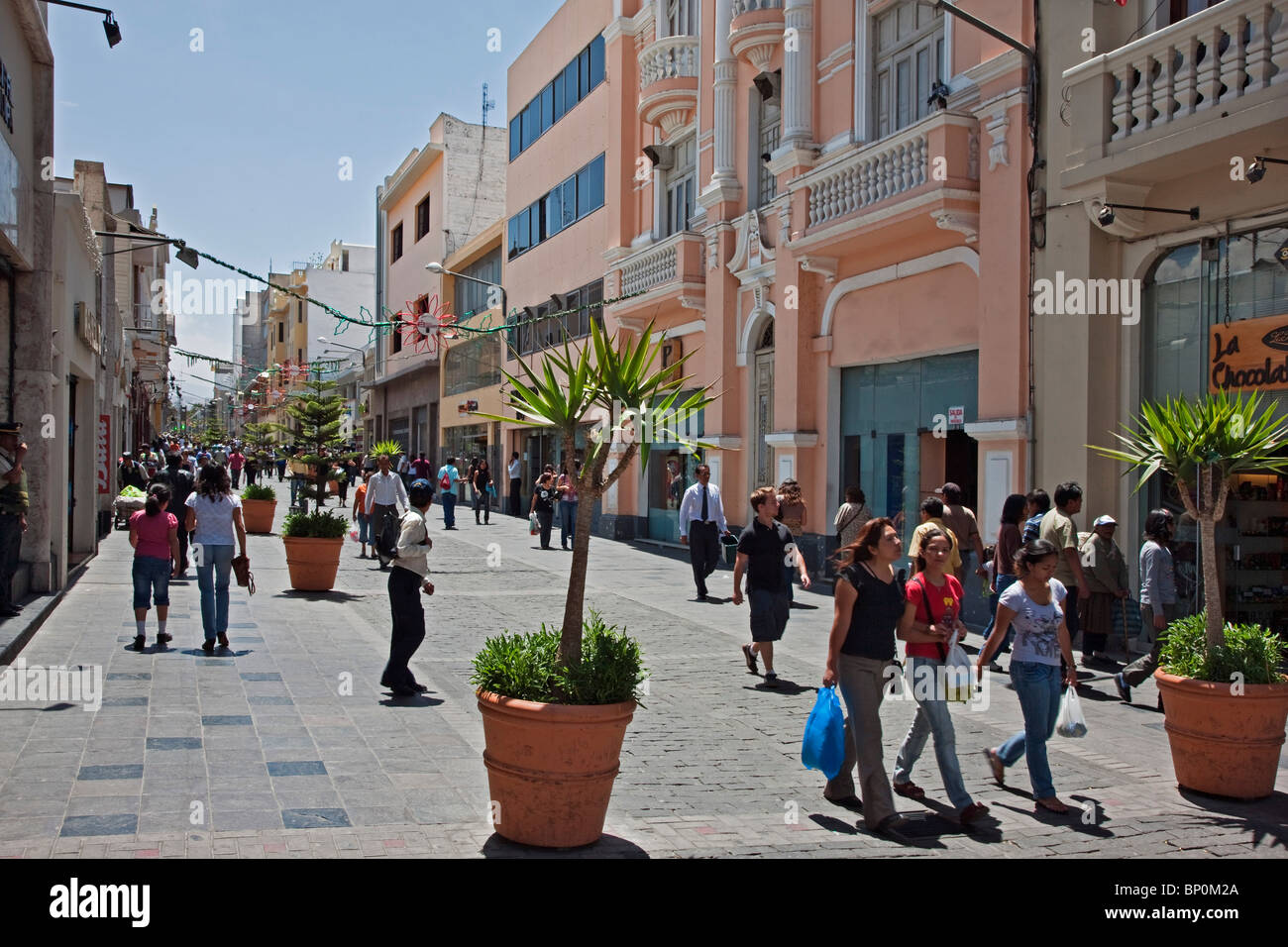 Peru, A pedestrian walkway in the centre of Arequipa, the country’s second largest city. Stock Photo