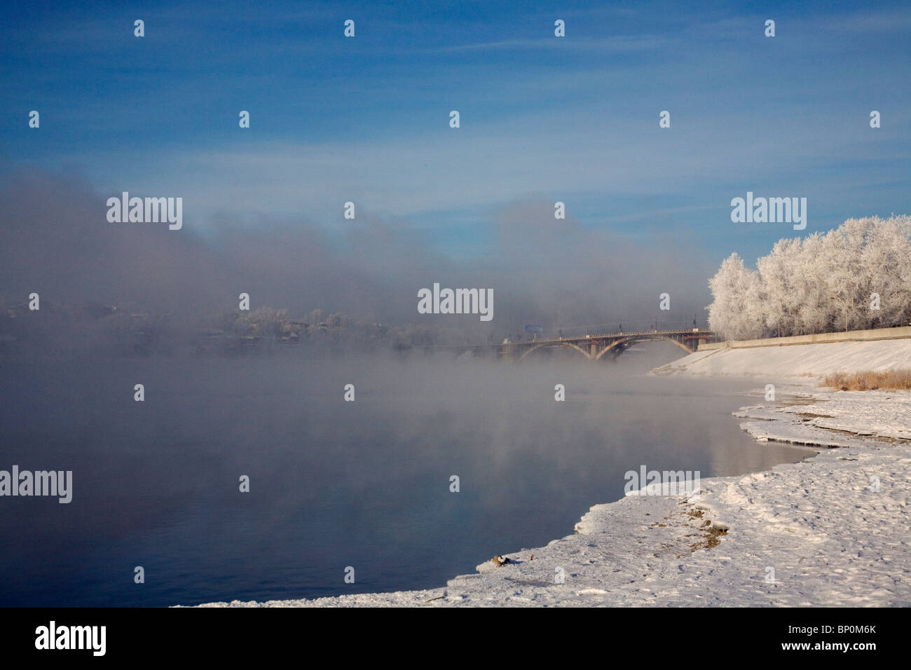 Russia; Siberia; Irkutsk; Steam forming over the River Angara due to extreme temperatures. Stock Photo