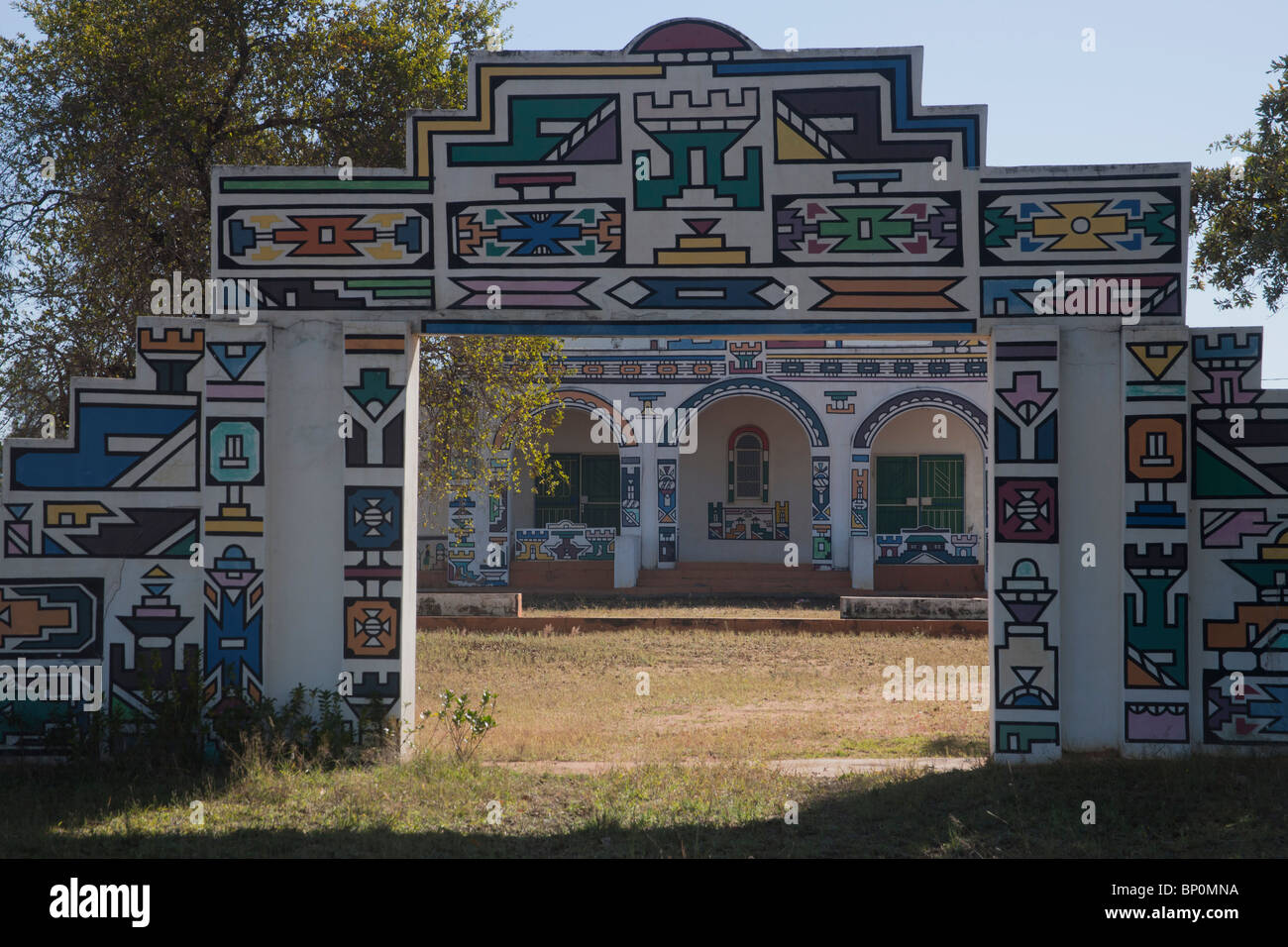 Heavily Decorated Ndebele Church and Courtyard, Welterwrede, South Africa Stock Photo