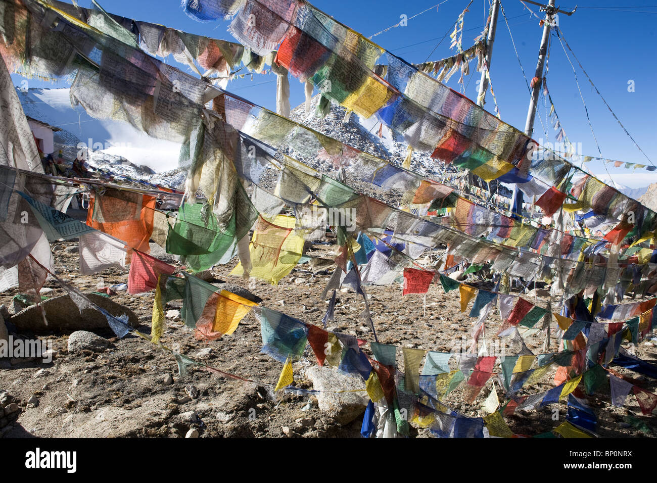 Tibetan Buddhist flayers at Himank Pass in Ladakh. Stock Photo
