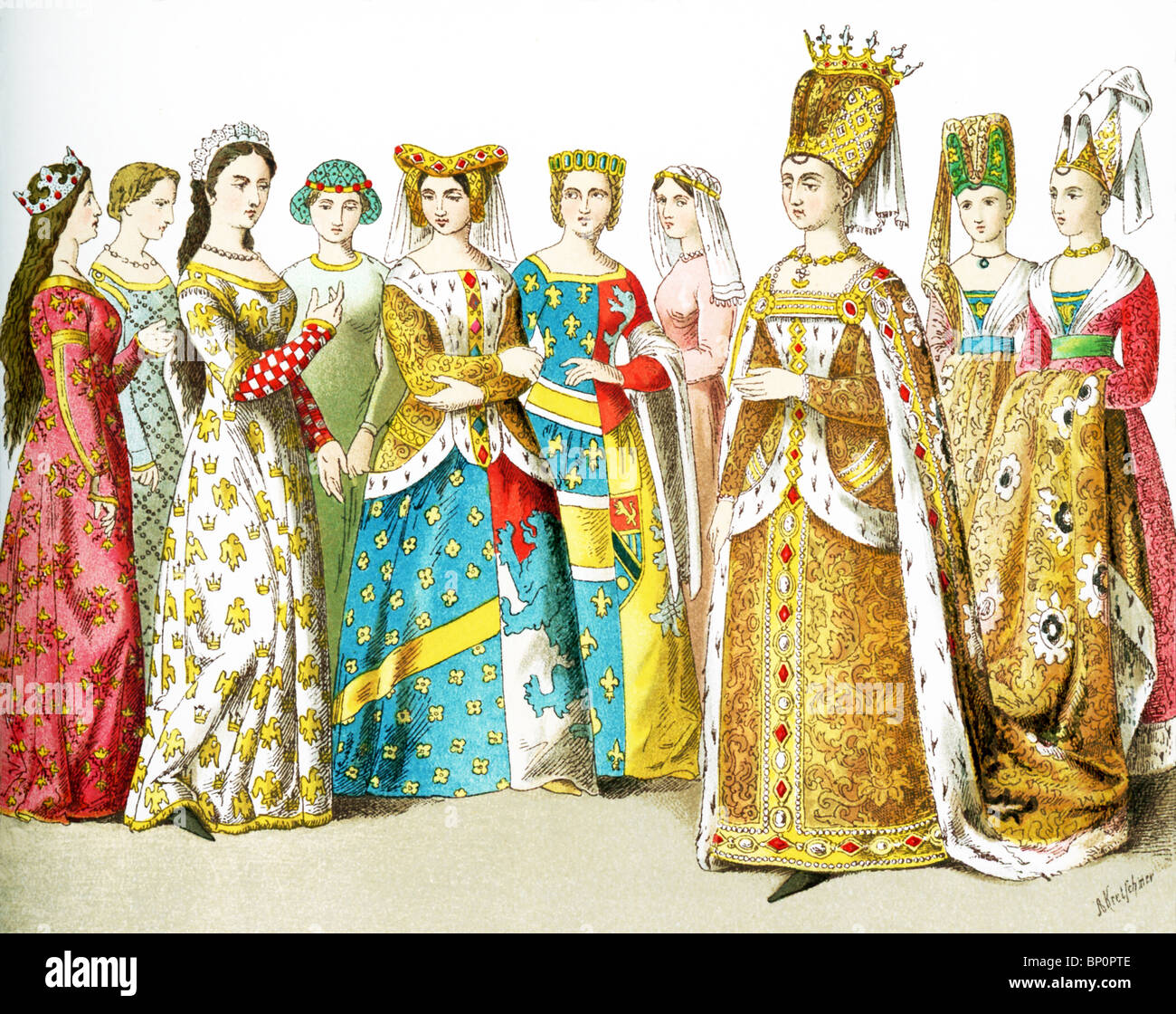 French women around 1100: queen, four ladies of rank, princess, lady of rank, Isabel of Bavaria, two ladies in waiting. Stock Photo