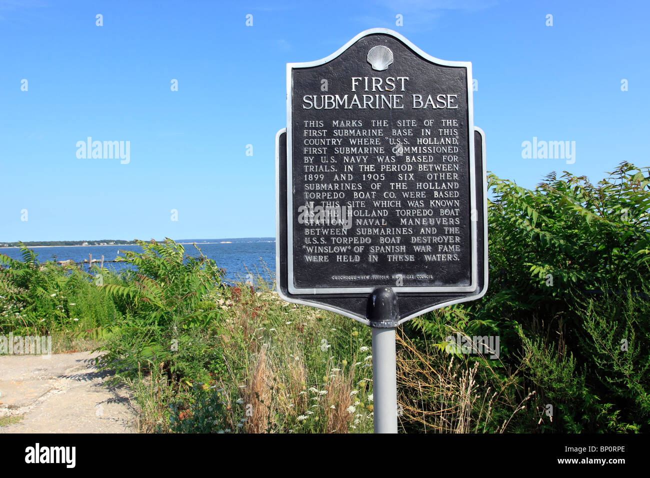 Historic marker at location of USA's first submarine base, New Suffolk