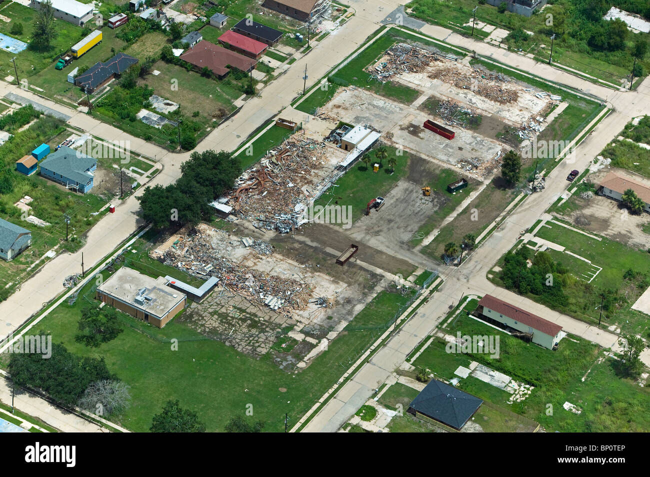aerial above destroyed homes barren pads New Orleans lower 9th ninth ward Stock Photo