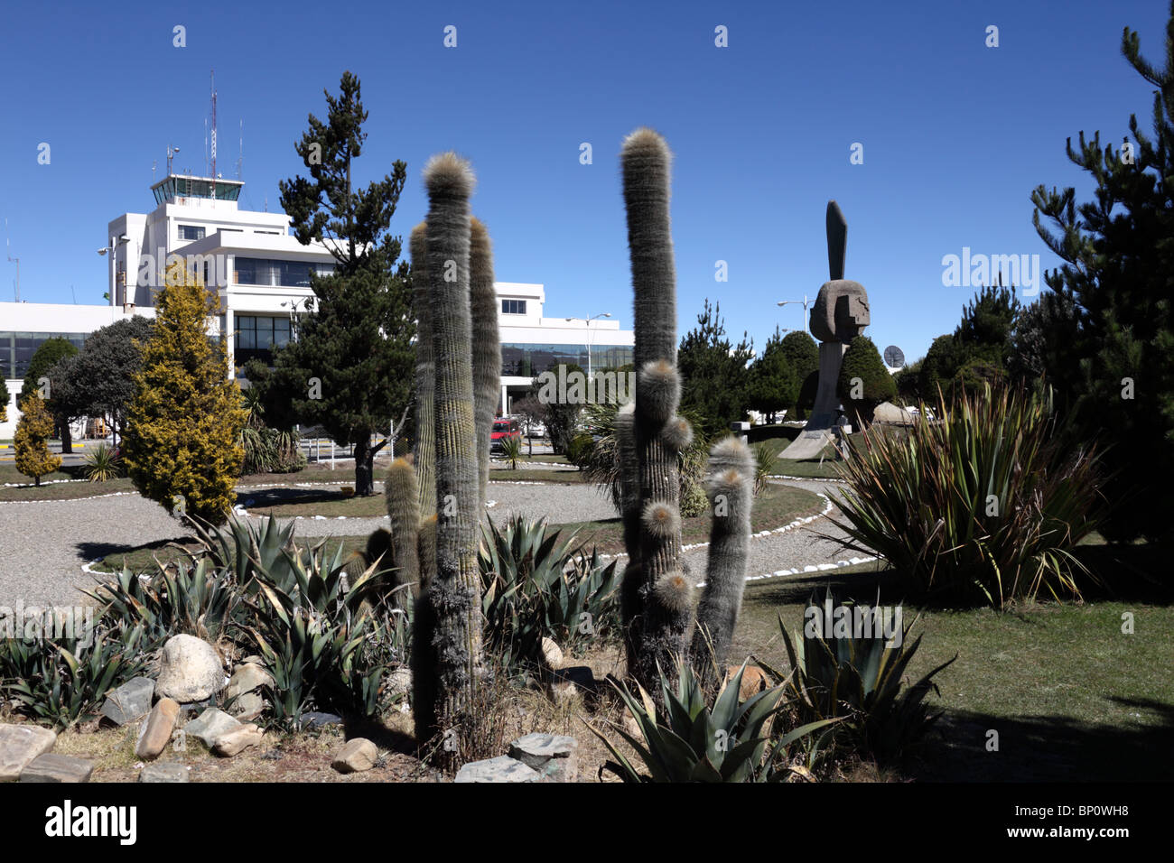 La Paz / El Alto airport (LPB, the highest international airport in the world at 4050m ) and Echinopsis cacti, El Alto , Bolivia Stock Photo