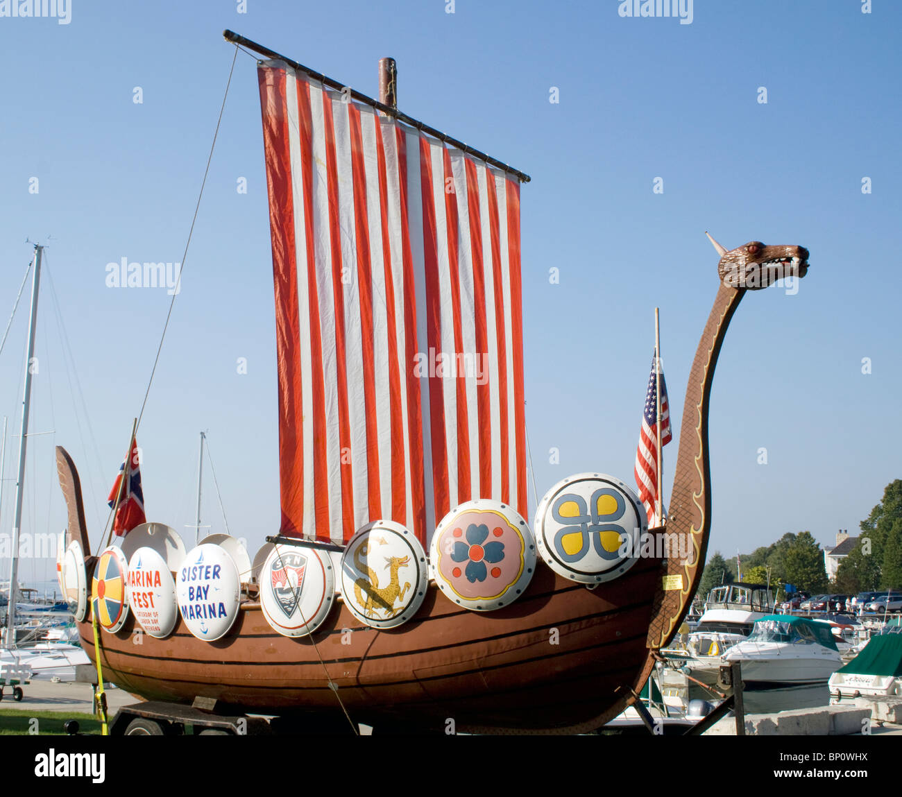 A Viking ship replica docks in Sister Bay, Wisconsin—Scandinavian heritage sails on in this charming lakeside town. Stock Photo