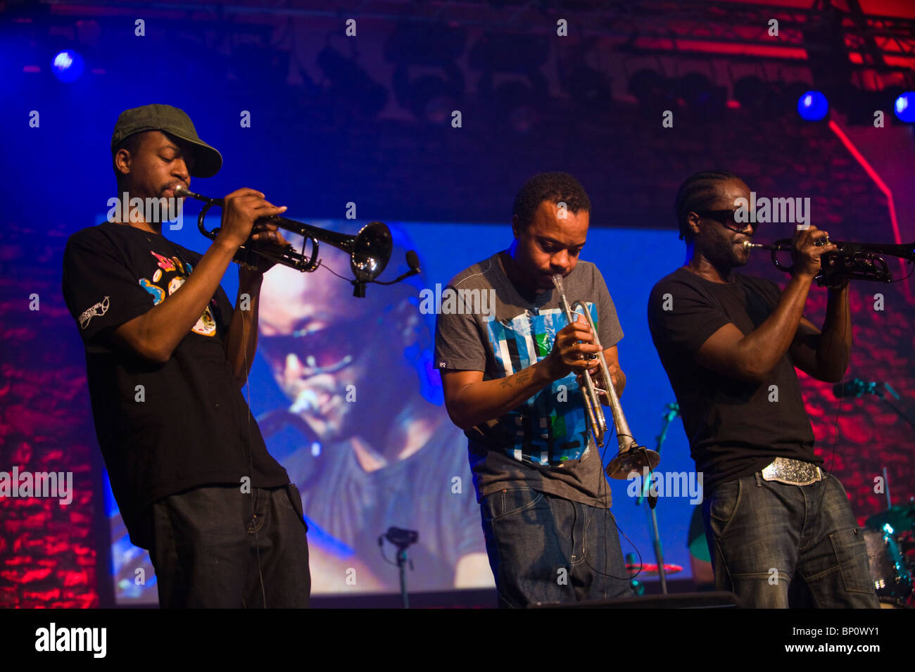Hypnotic Brass Ensemble jazz band featuring eight brothers from Chicago playing at Brecon Jazz Festival 2010 Stock Photo