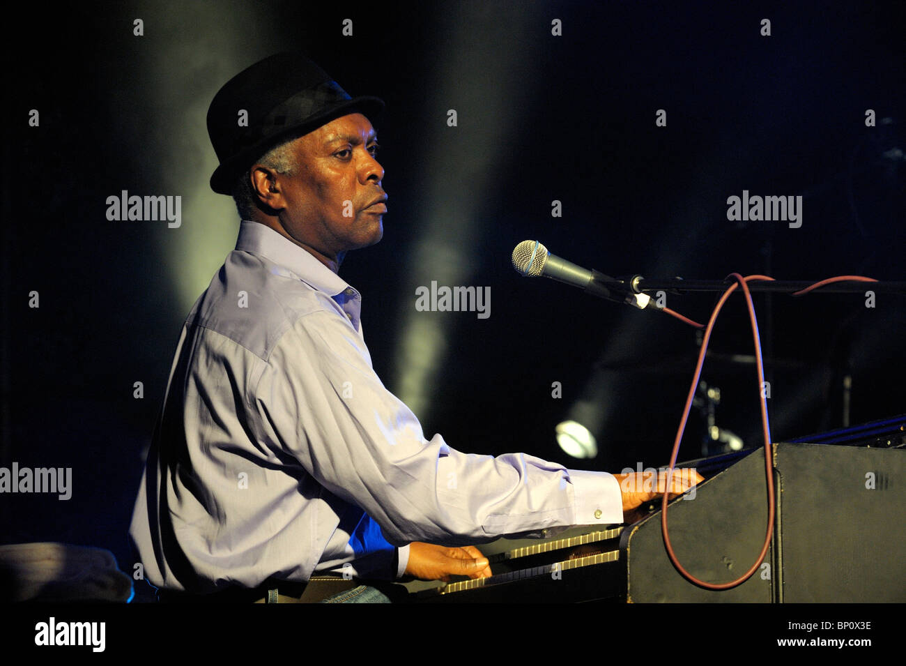 Booker T. Jones, US blues singer musician plays Hammond B3 organ. Main stage marquee. Maryport Blues Festival, 2010. England Stock Photo