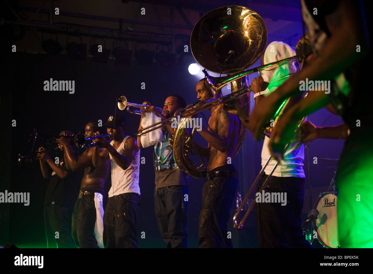 Hypnotic Brass Ensemble jazz band featuring eight brothers from Chicago playing at Brecon Jazz Festival 2010 Stock Photo