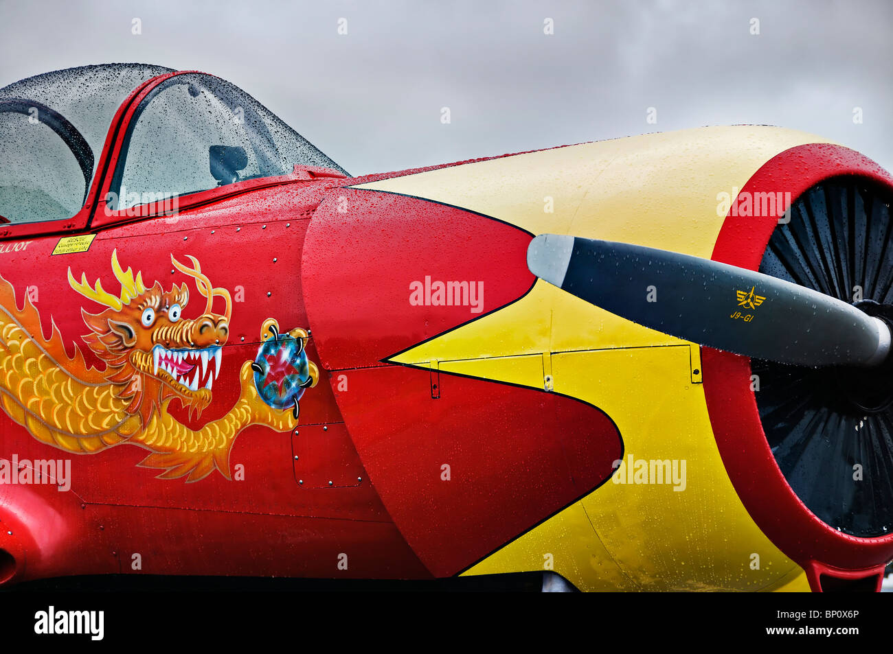 Close up side view of a colorful Nanchang CJ-6A warbird at the Olympic Airshow in Tumwater, Washington. Stock Photo