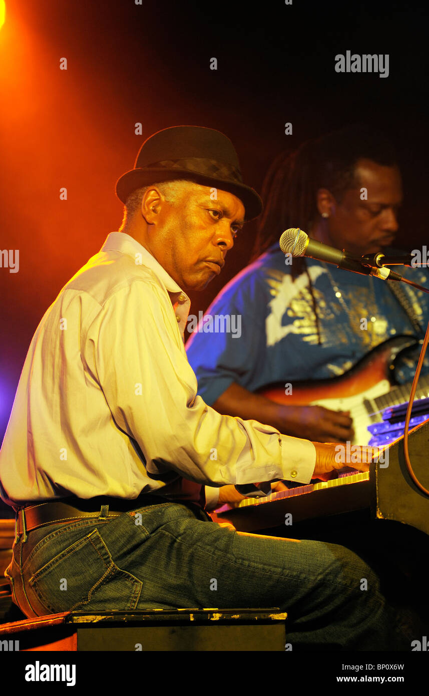 Booker T. Jones, US blues singer musician plays Hammond B3 organ. Main stage marquee. Maryport Blues Festival, 2010. England Stock Photo