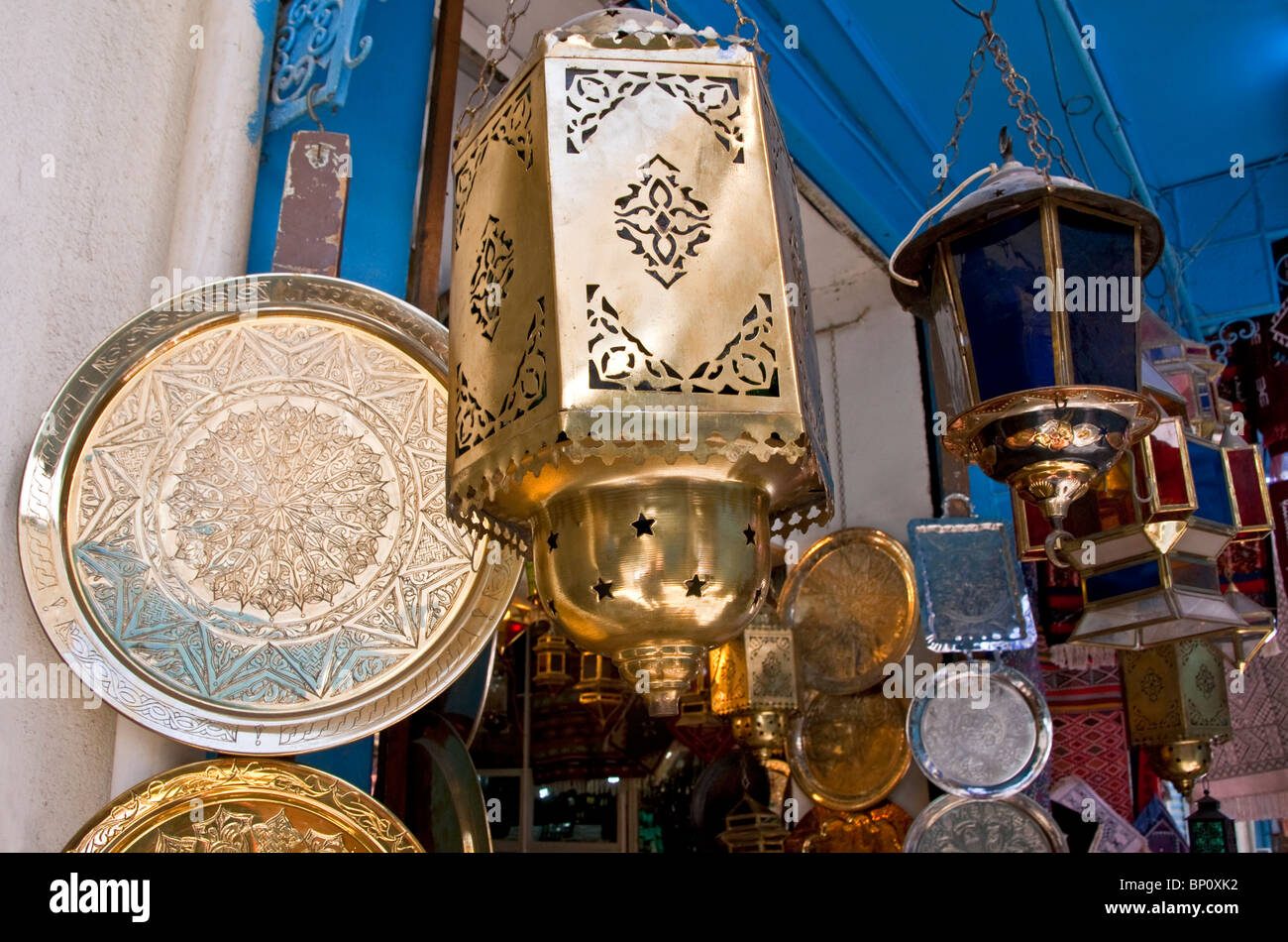 Metal ware in Souk El Kachachine shop in the Tunis Medina Stock Photo