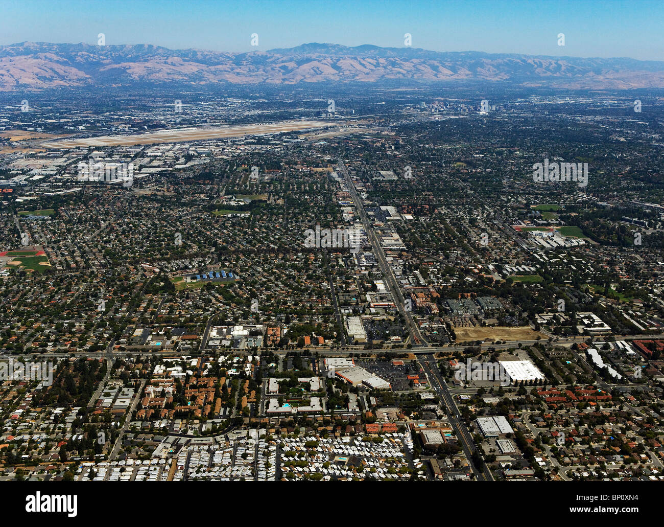 aerial view above Silicon Valley toward San Jose airport and downtown San Jose Stock Photo