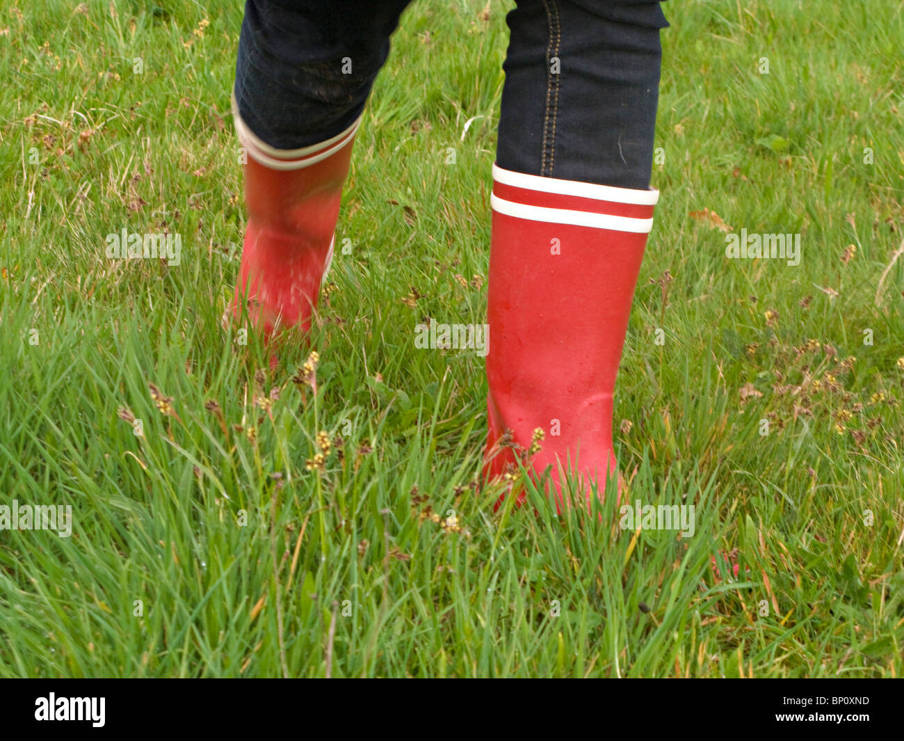 Woman wearing wellington boots, on grass Stock Photo - Alamy