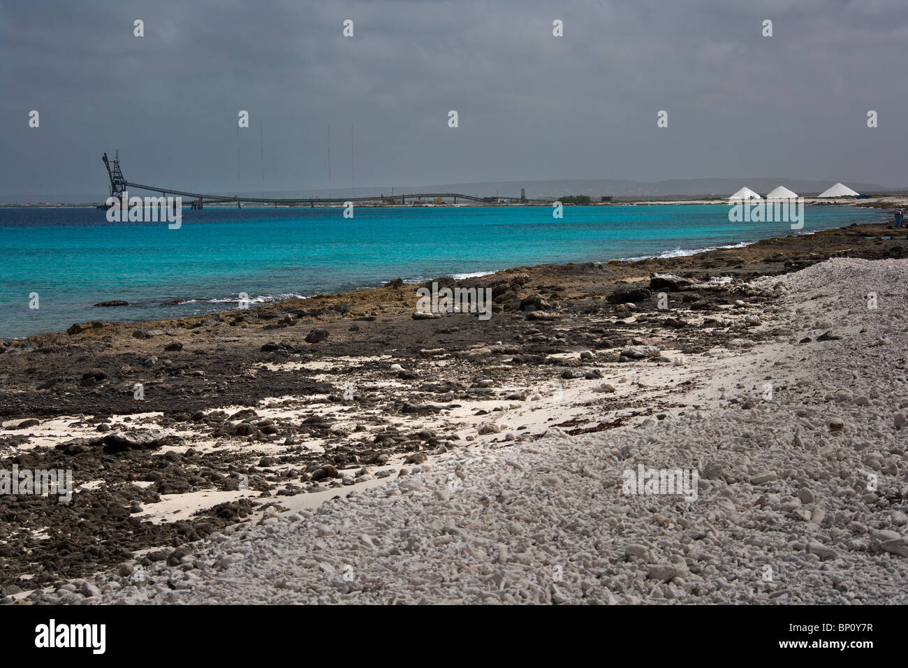 salt mines, landscape and beach. Bonraire, Netherland Antilles, Caribbean, South America Stock Photo