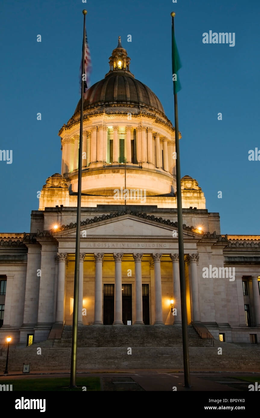 View of the State Capitol Building at twilight in Olympia, Washington. Stock Photo