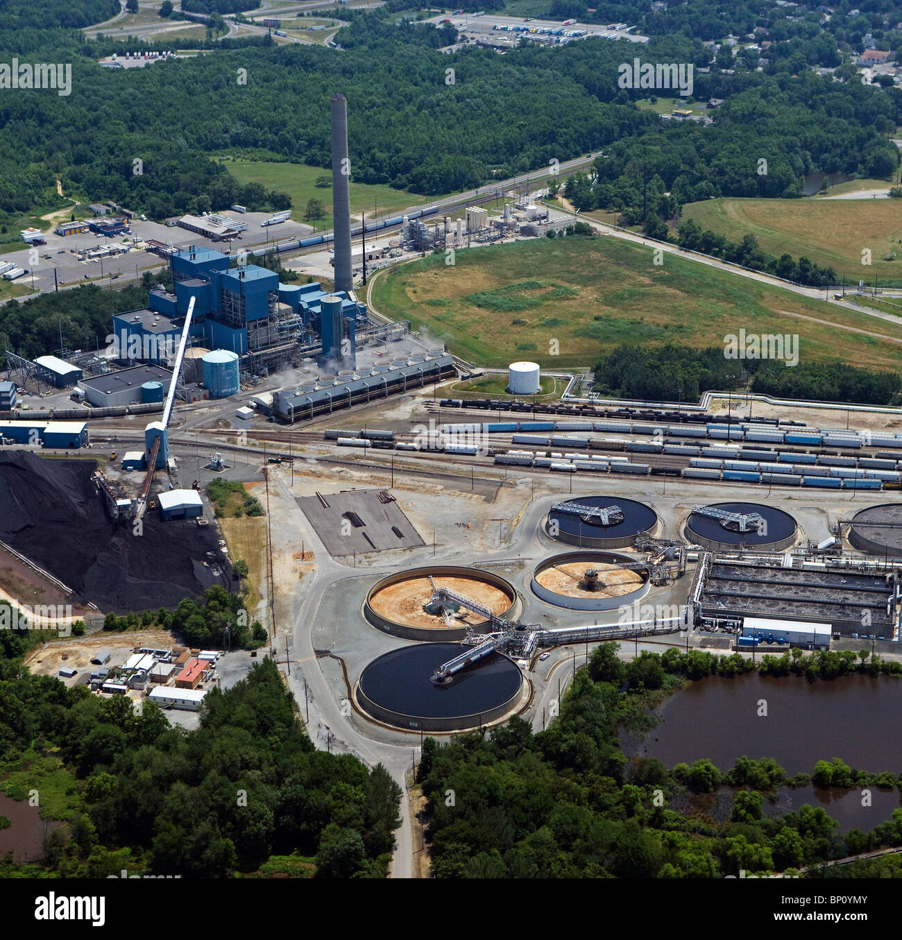 aerial view above coal power plant wastewater treatment facility Philadelphia Pennsylvania Stock Photo