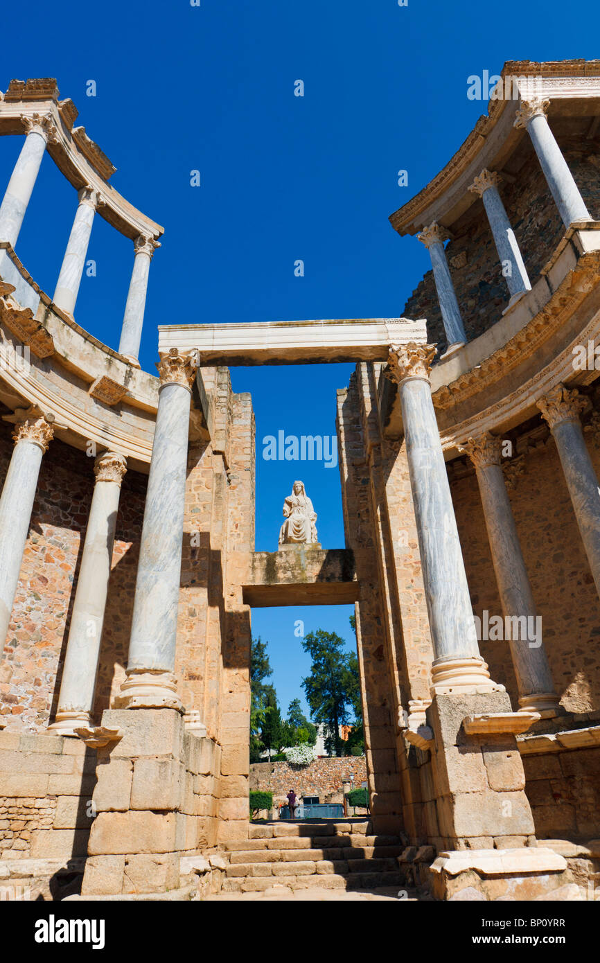 Merida, Badajoz Province, Spain. The Roman theatre built in the first century BC. Colonnade behind the stage. Stock Photo