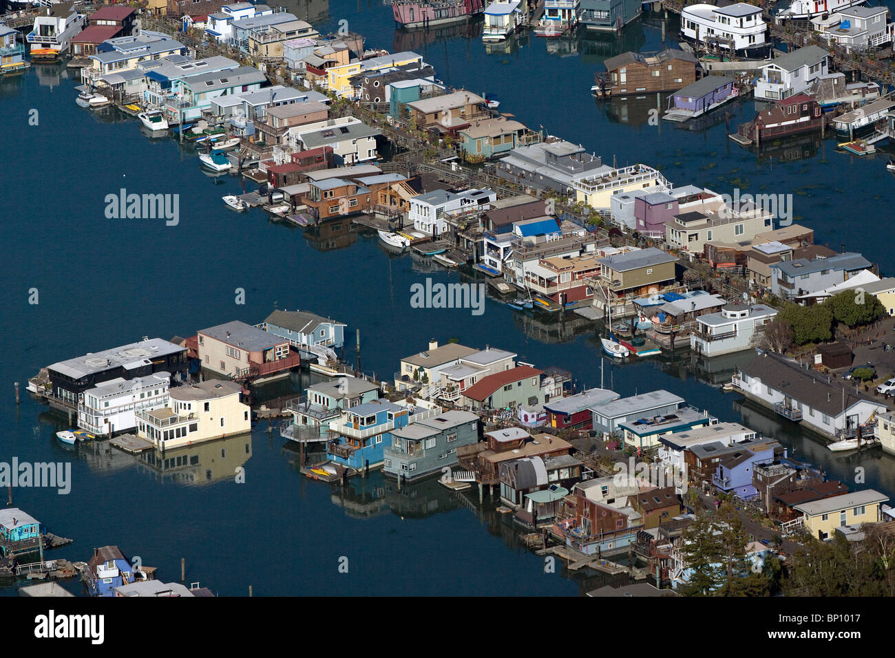 aerial view above house boats Sausalito Marin county California Stock Photo