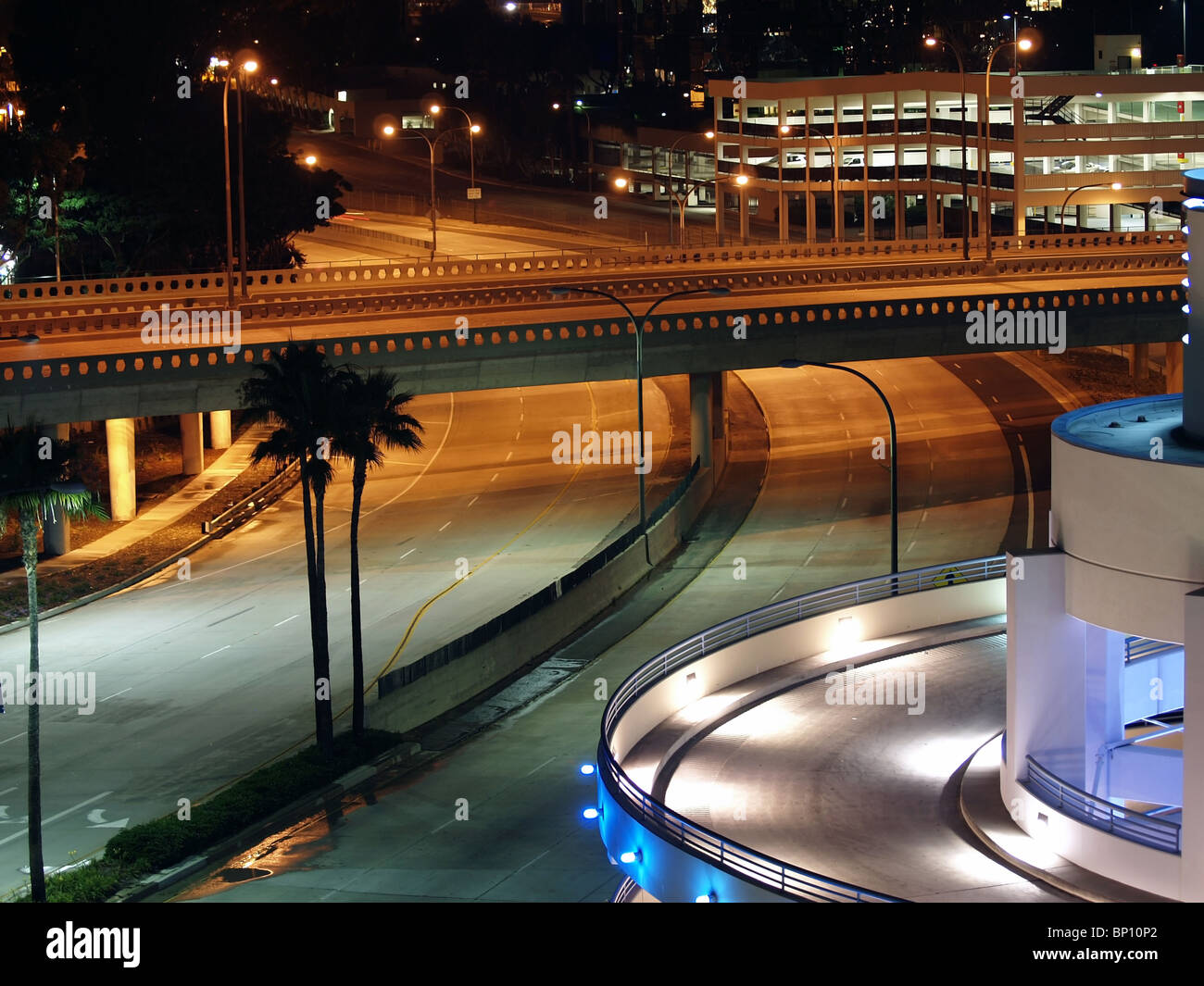 Empty freeway at night with palm trees in Southern California Stock ...
