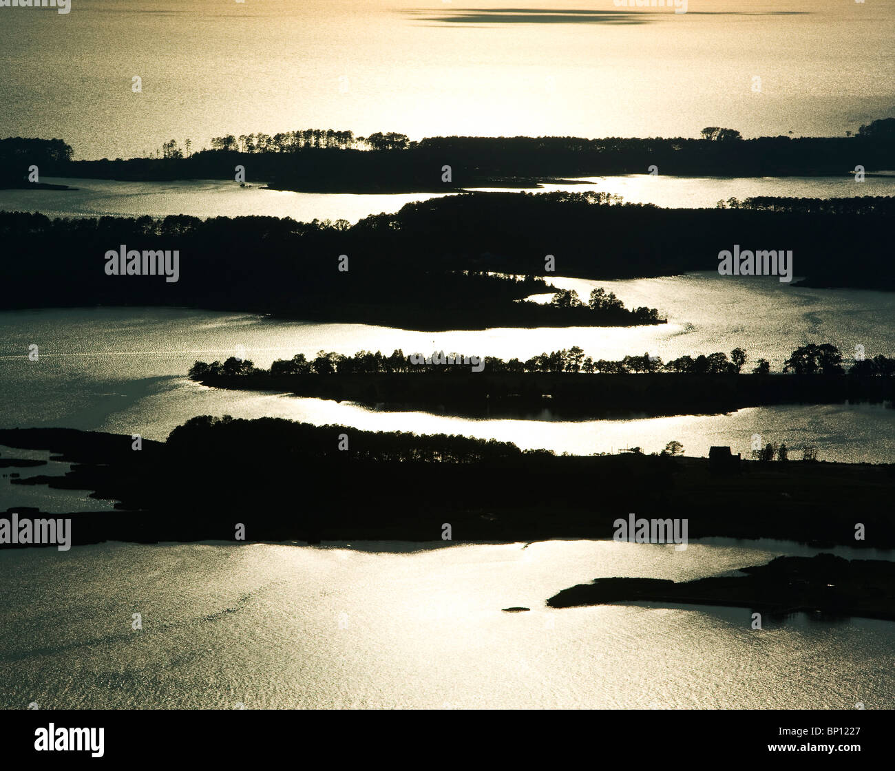 aerial view above  silhouette peninsulas islands Cheasapeake bay Maryland USA Stock Photo