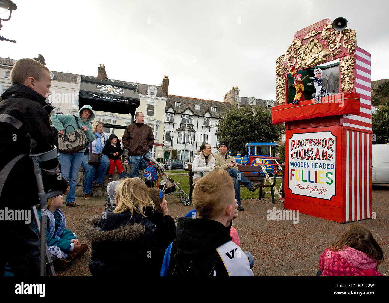 A traditional Punch and Judy show on Llandudno promenade, Wales Stock