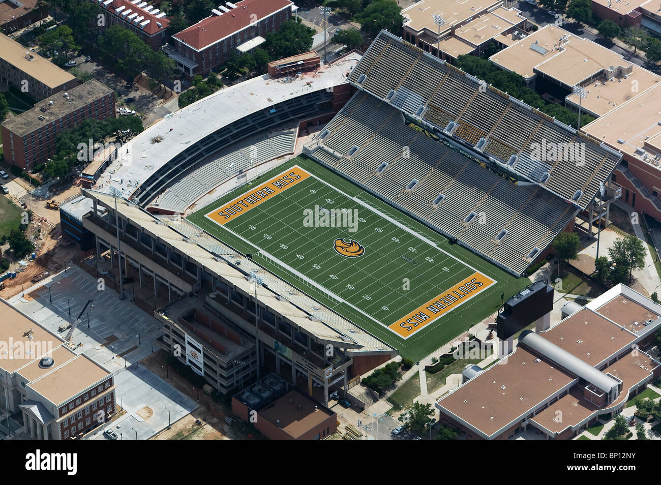 aerial view above football stadium University of Southern Mississippi Hattiesburg Stock Photo