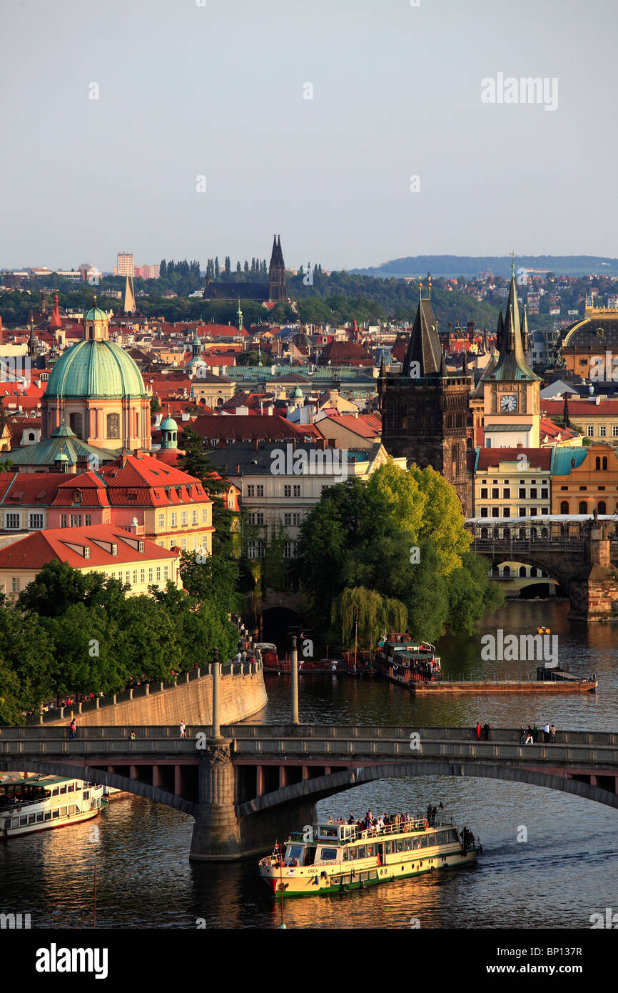 Czech Republic, Prague, Old Town skyline, Vltava River, boat Stock Photo