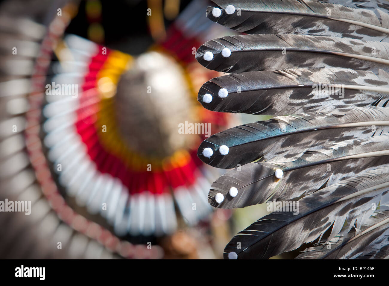 Feathers on a native headdress are pictured at the Wendake Pow-Wow July 31, 2010. Stock Photo