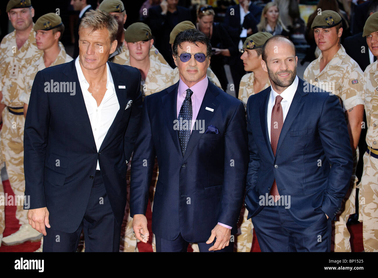 Dolph Lundgren, Sylvester Stallone, Jason Statham at the UK Premiere of 'The Expendables', Leicester Square, London. Stock Photo