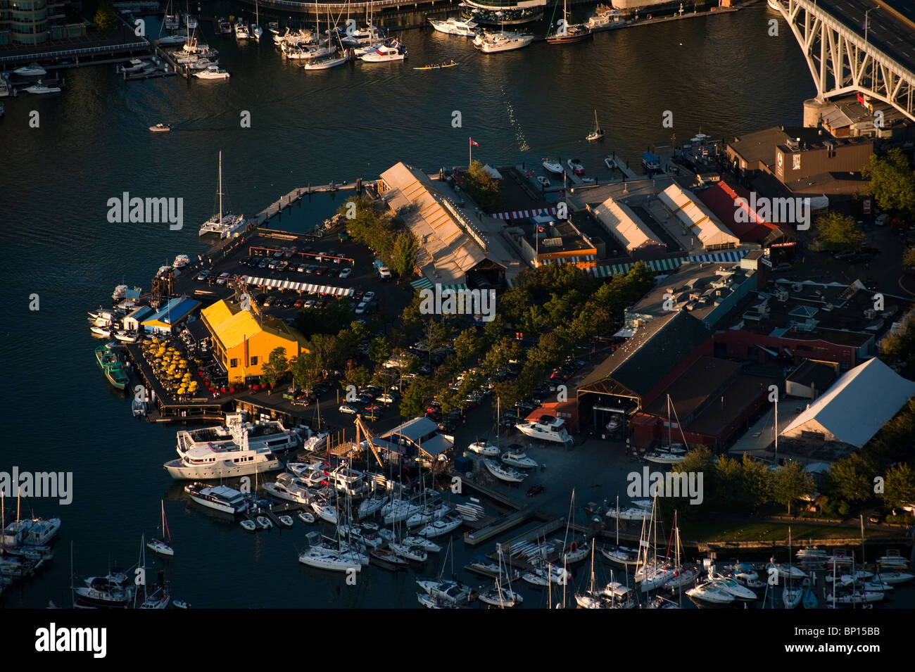 Granville Island on False Creek, Vancouver British Columbia, Canada Aerial Stock Photo