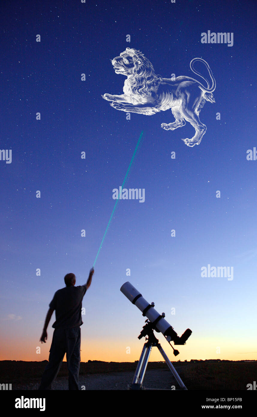 Man looking at Leo constellation, telescope Stock Photo Alamy