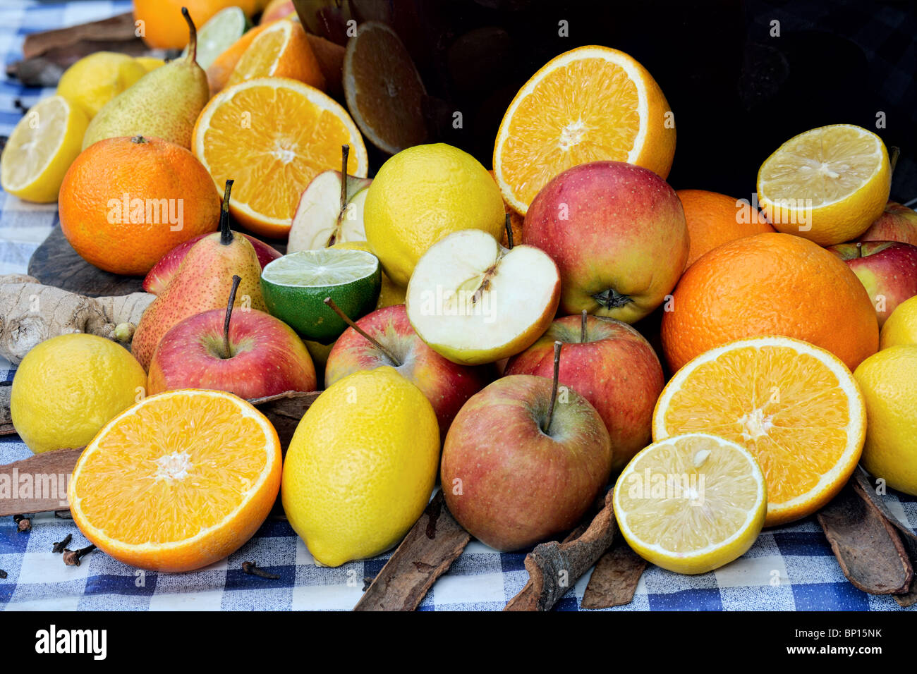 Selection of fruit, with cinnamon, ingredients for a punch Stock Photo