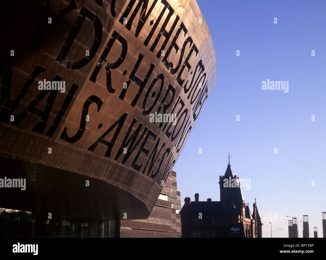 Wales Millennium Centre and facade with Pierhead Building in background Cardiff Bay South Wales UK Stock Photo