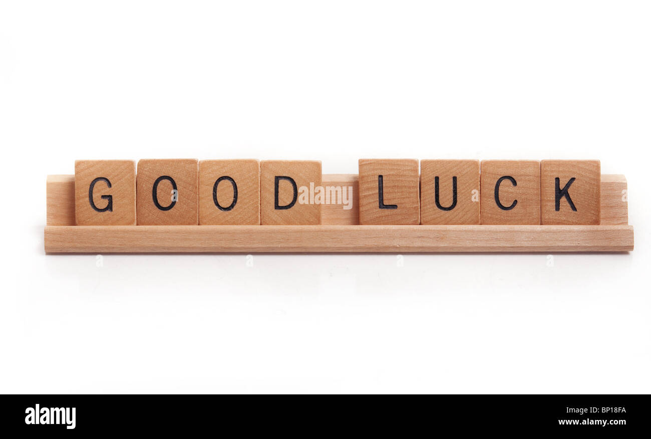 Good Luck, hand carved wooden tiles spelling GOOD LUCK Stock Photo Alamy