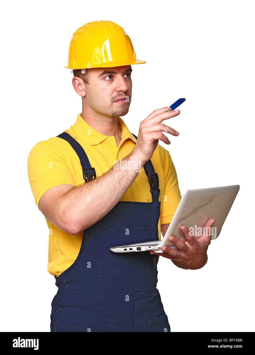 handyman with notebook isolated on white background Stock Photo - Alamy
