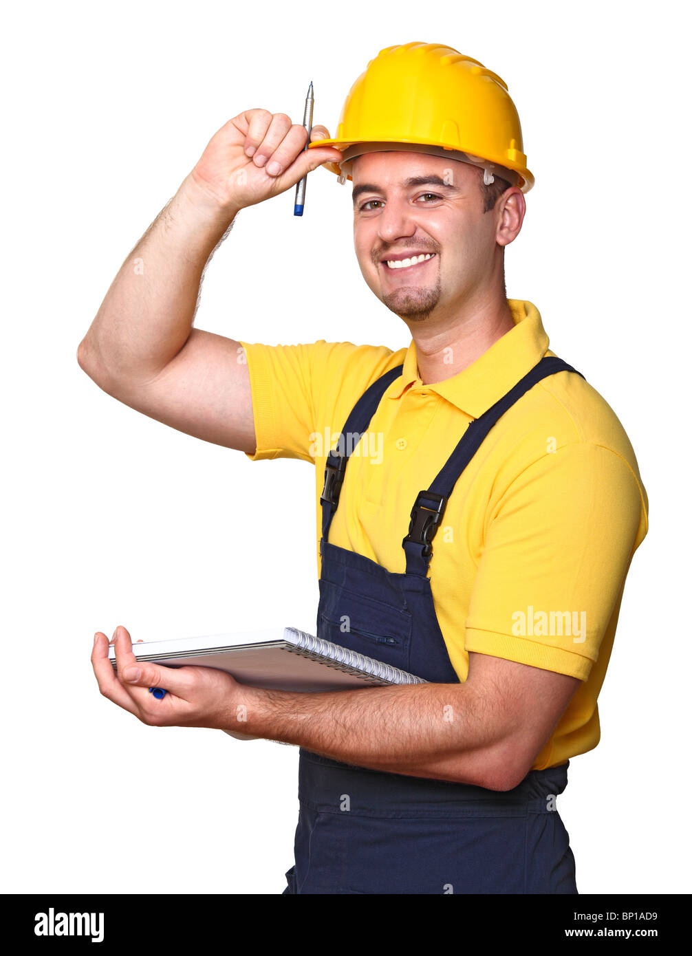 smiling handyman with notebook isolated on white background Stock Photo ...