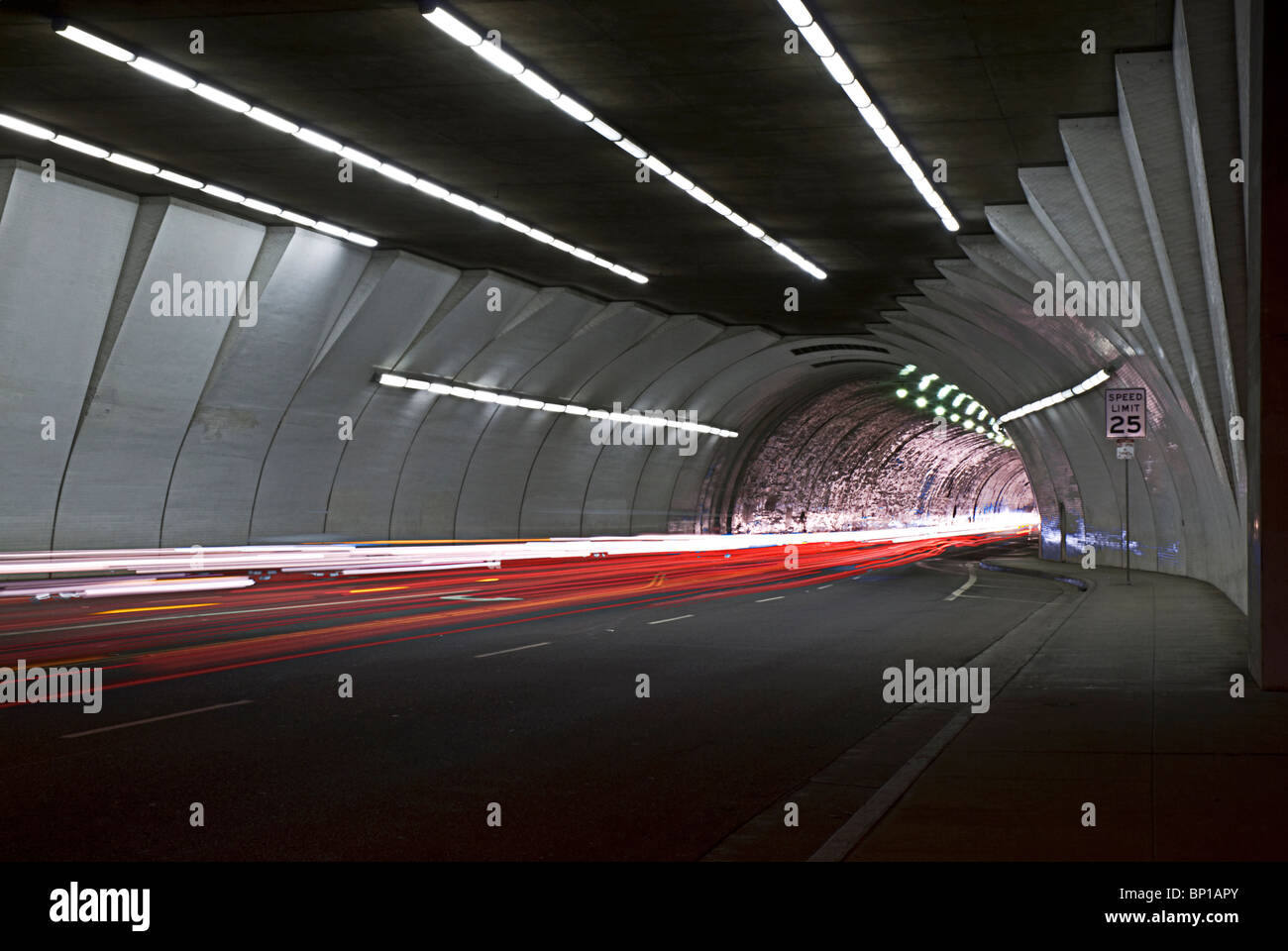 A nighttime view of the 2nd Street Tunnel in Los Angeles, California