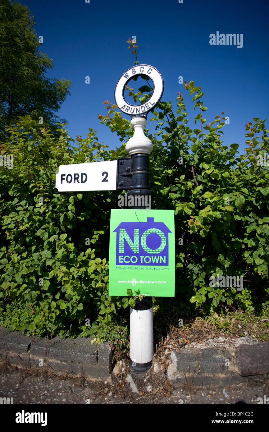 A campaign notice on a road sign protesting against the proposed Eco-Town. Picture by James Boardman. Stock Photo