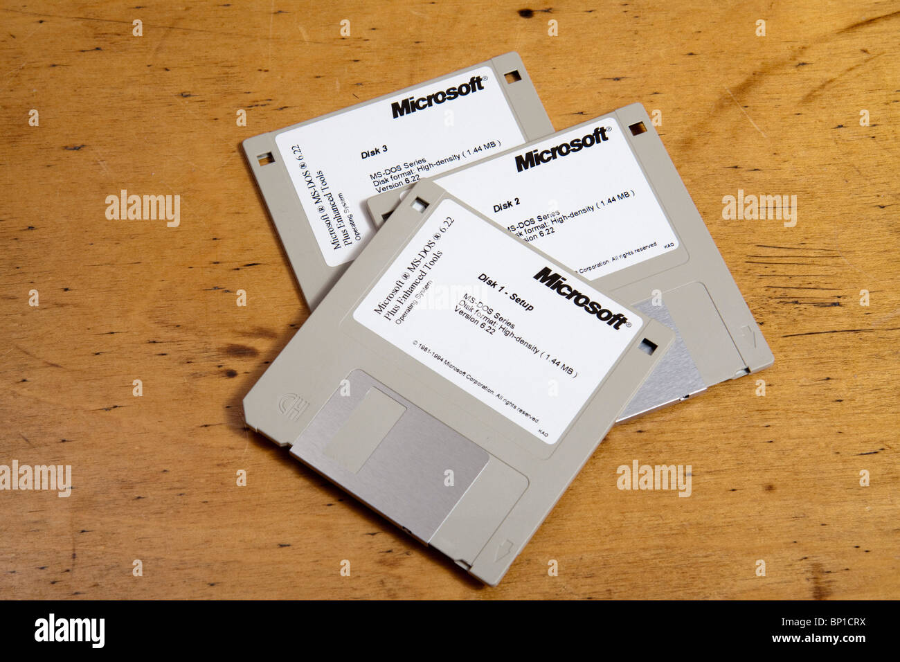 The three Microsoft DOS v6.22 system disks /discs. Stock Photo