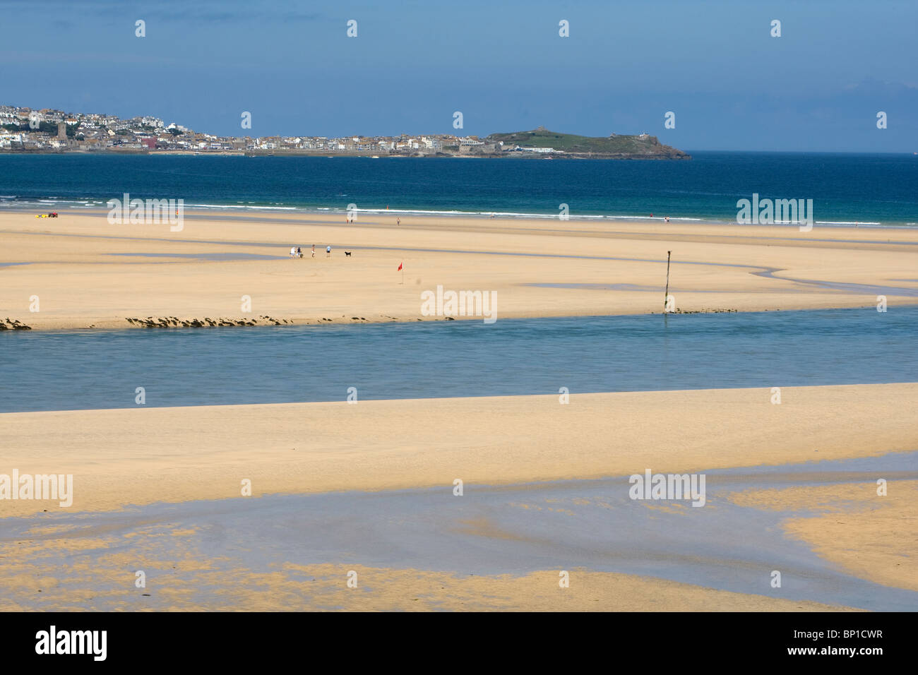 The beach at Hayle, St Ives Bay, Cornwall with St Ives in the