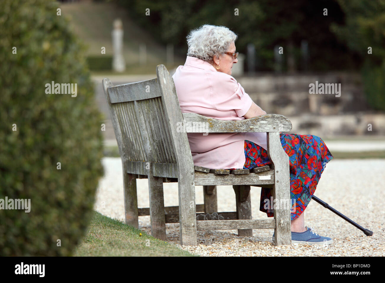 Senior woman sitting on a bench in a public garden Stock Photo - Alamy