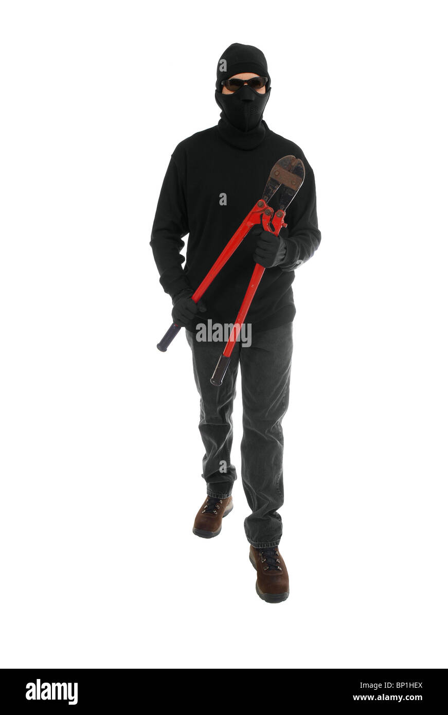Burglar man with large well used bolt cutters. Stock Photo