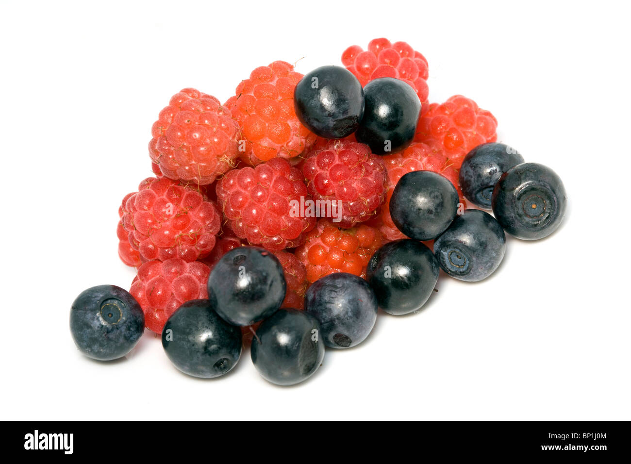 berries of raspberry and bilberry on white background Stock Photo