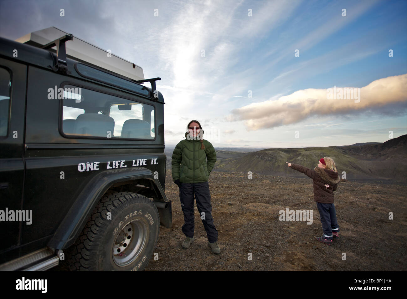 Mother and daughter traveling in the highlands of Iceland. Vatnajokull National Park, Laki Craters Stock Photo
