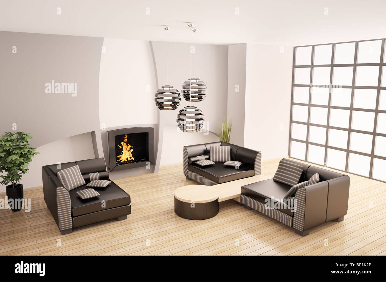 Modern interior of room with fireplace 3d render Stock Photo - Alamy